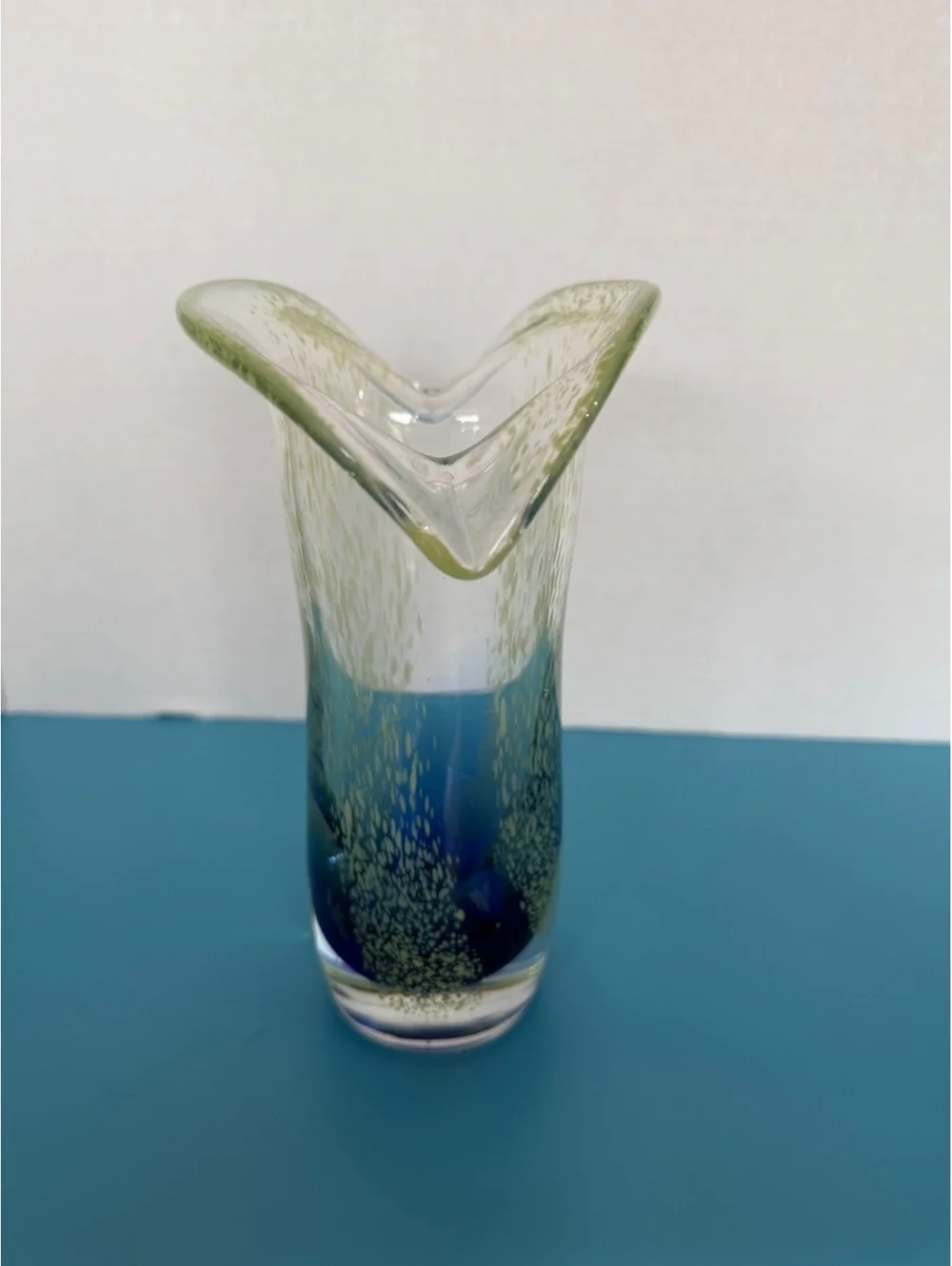 Handmade Art Glass Vase with Blue and Yellow Accents